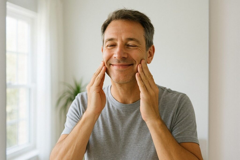 Smiling middle-aged man gently touching his cheeks, suggesting comfort and confidence in oral health.